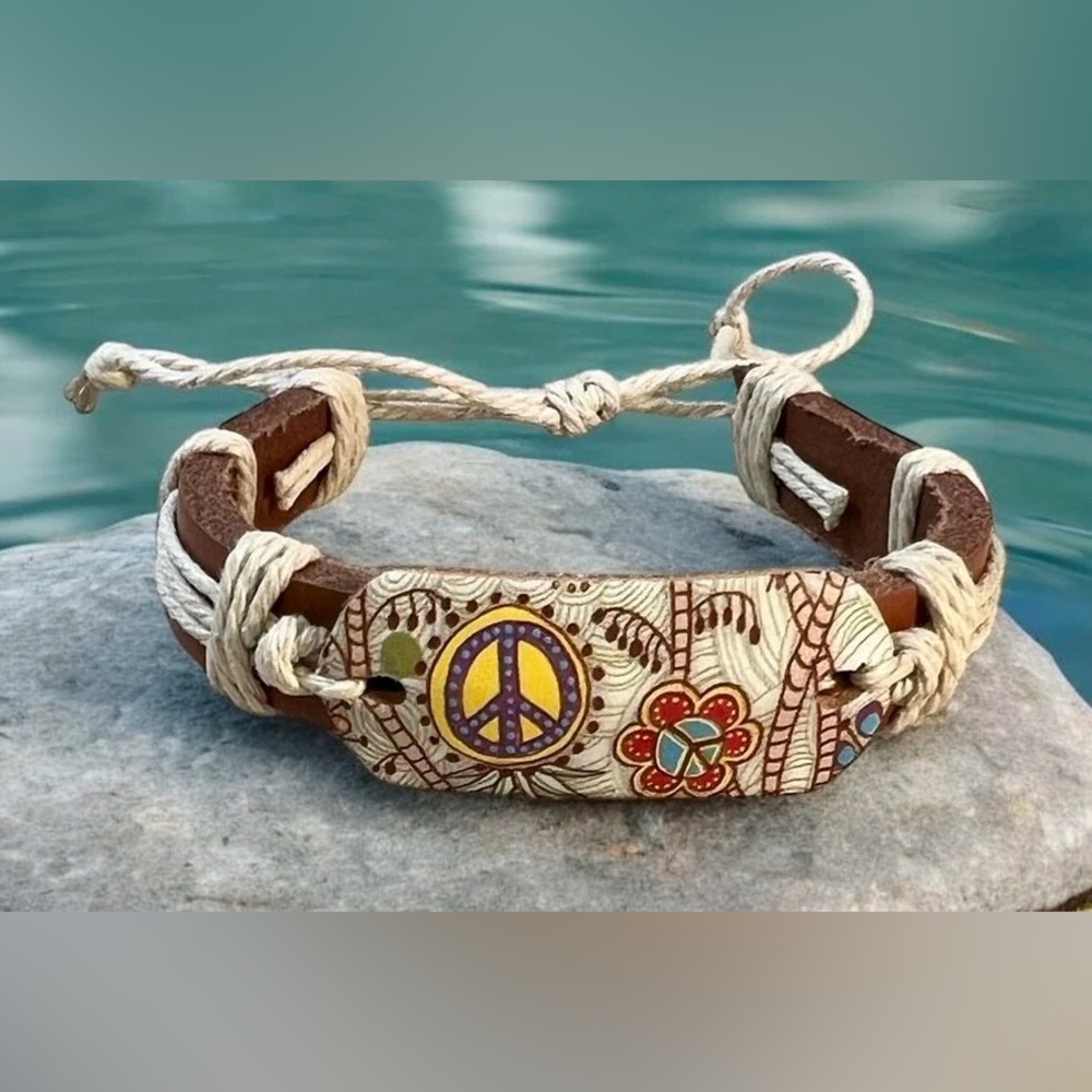 Bohemian Leather Bracelet with Peace Sign